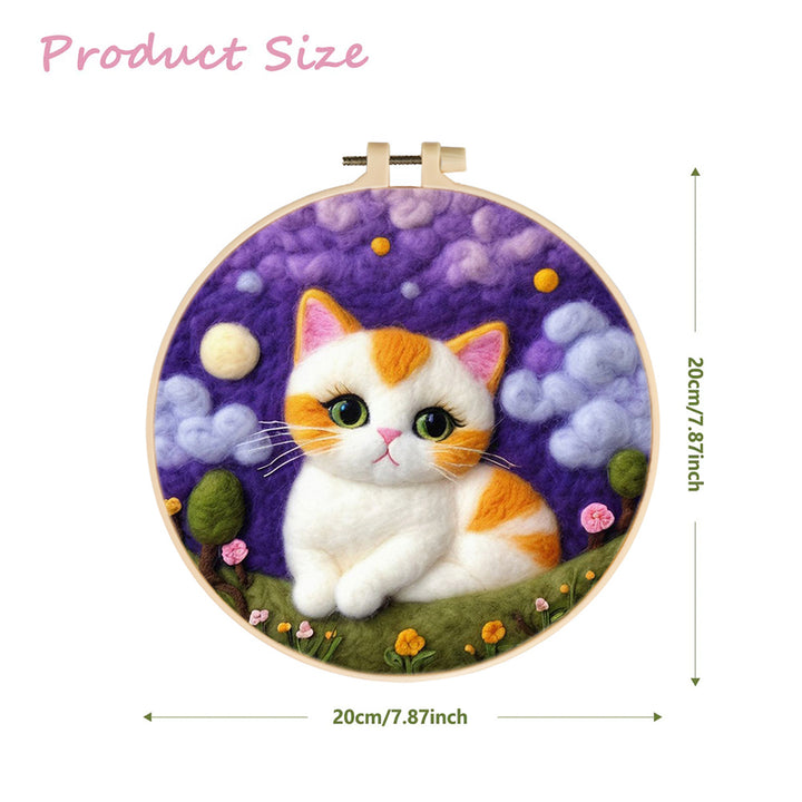 Cute Cat on Grass Beneath Purple Sky Wool Needle Felting Painting Kit