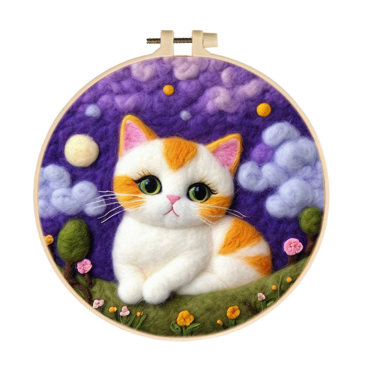 Cute Cat on Grass Beneath Purple Sky Wool Needle Felting Painting Kit