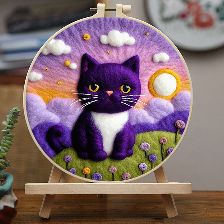 Black Cat Beneath Sunset Glow Wool Needle Felting Painting Kit