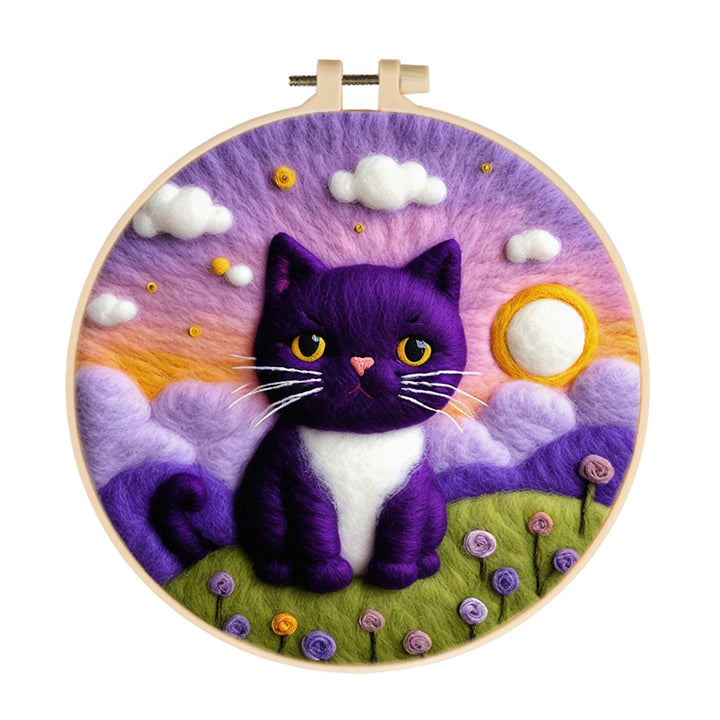 Black Cat Beneath Sunset Glow Wool Needle Felting Painting Kit