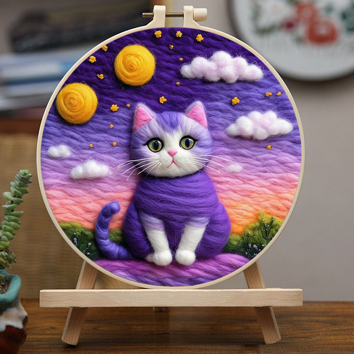 Magical Purple Cat Under Dreamy Sky Wool Needle Felting Painting Kit