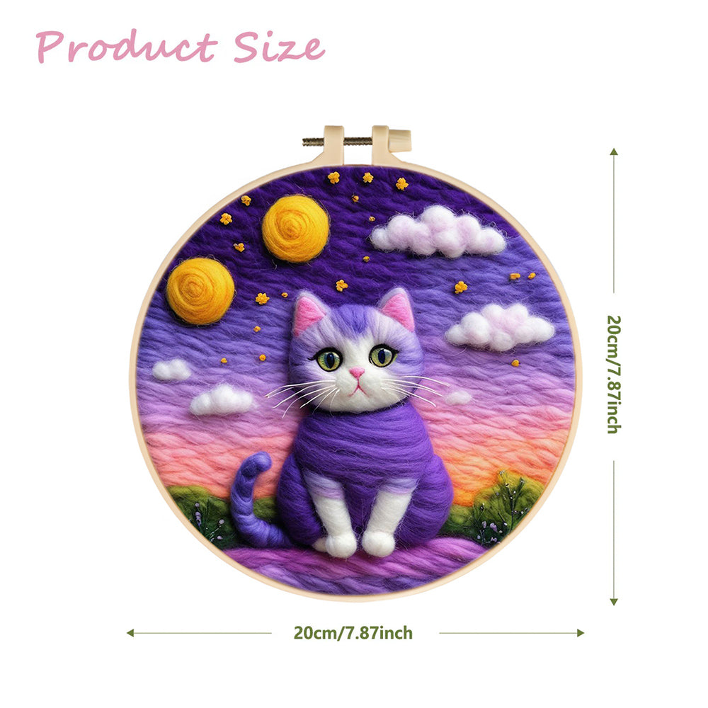 Magical Purple Cat Under Dreamy Sky Wool Needle Felting Painting Kit