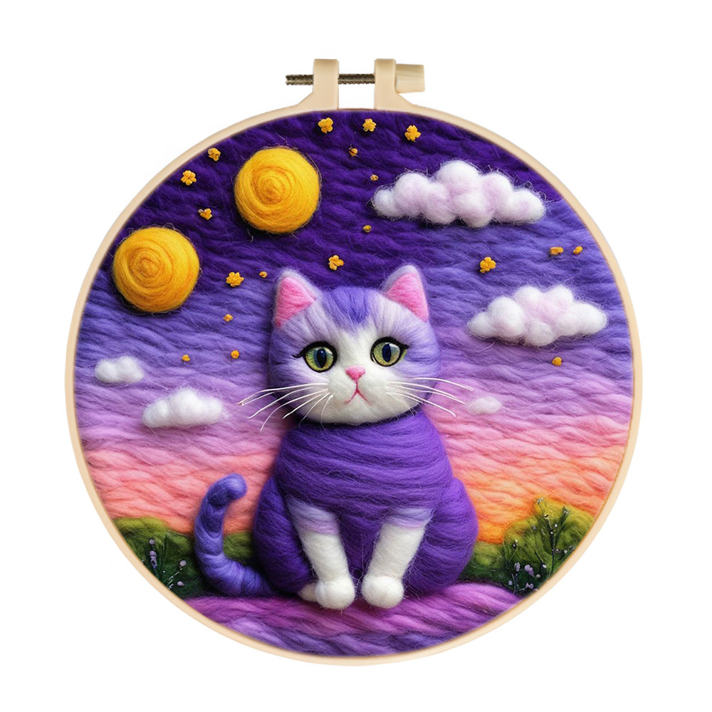 Magical Purple Cat Under Dreamy Sky Wool Needle Felting Painting Kit