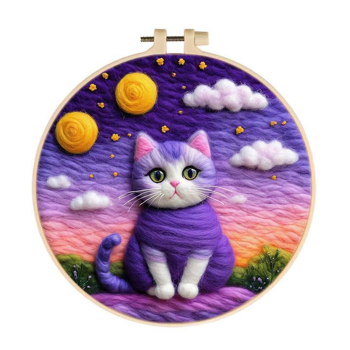 Magical Purple Cat Under Dreamy Sky Wool Needle Felting Painting Kit