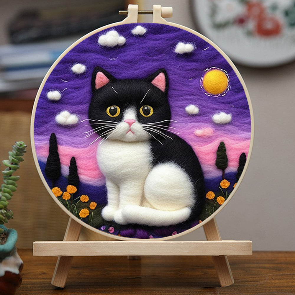 Cat with Black-White Fur at Sunset Wool Needle Felting Painting Kit