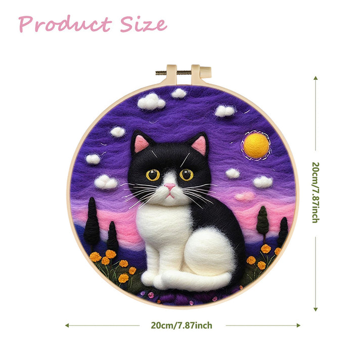 Cat with Black-White Fur at Sunset Wool Needle Felting Painting Kit