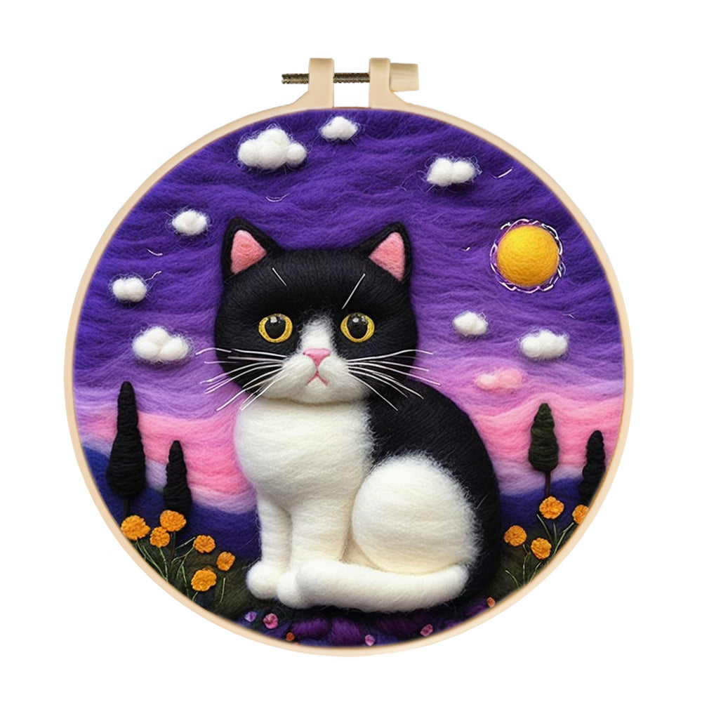 Cat with Black-White Fur at Sunset Wool Needle Felting Painting Kit