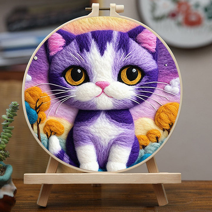 Purple Kitten Surrounded by Yellow Flowers Wool Needle Felting Painting Kit