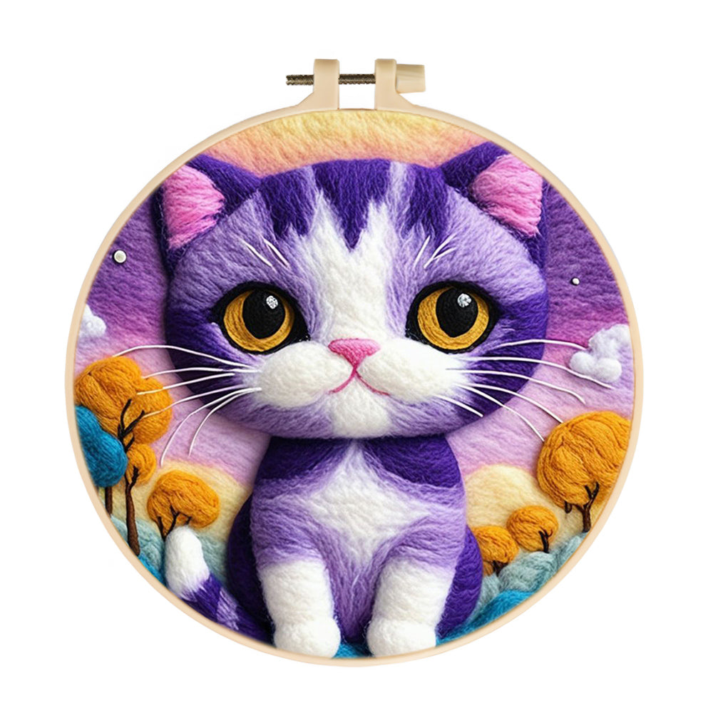 Purple Kitten Surrounded by Yellow Flowers Wool Needle Felting Painting Kit
