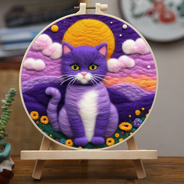 Mysterious Purple Cat Sitting in Grass Wool Needle Felting Painting Kit