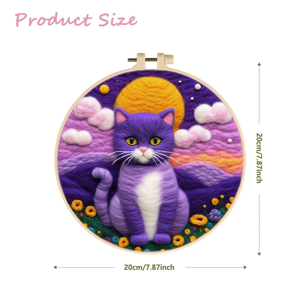 Mysterious Purple Cat Sitting in Grass Wool Needle Felting Painting Kit