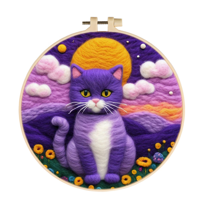 Mysterious Purple Cat Sitting in Grass Wool Needle Felting Painting Kit