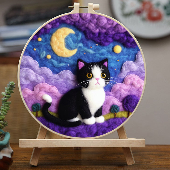 Cute Black-White Cat in Dreamy Clouds Wool Needle Felting Painting Kit