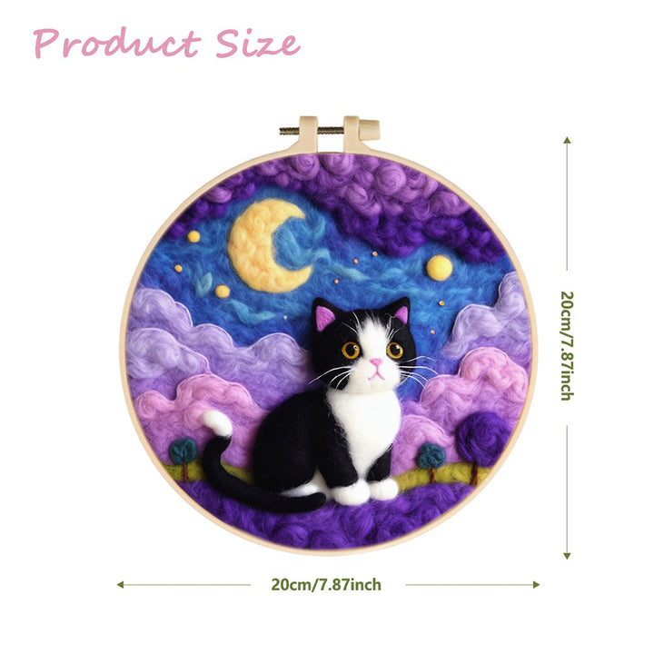 Cute Black-White Cat in Dreamy Clouds Wool Needle Felting Painting Kit