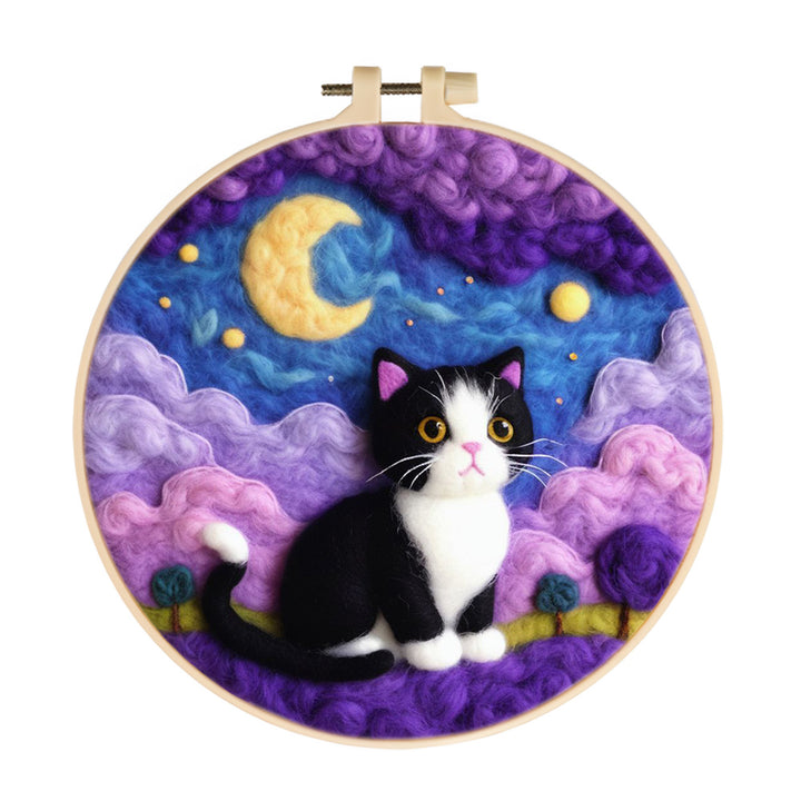 Cute Black-White Cat in Dreamy Clouds Wool Needle Felting Painting Kit