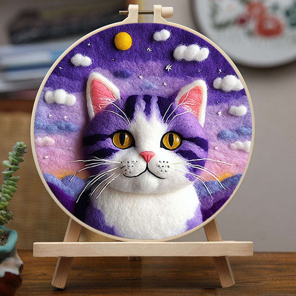 Cloudy Surrounding for Purple Striped Cat Wool Needle Felting Painting Kit