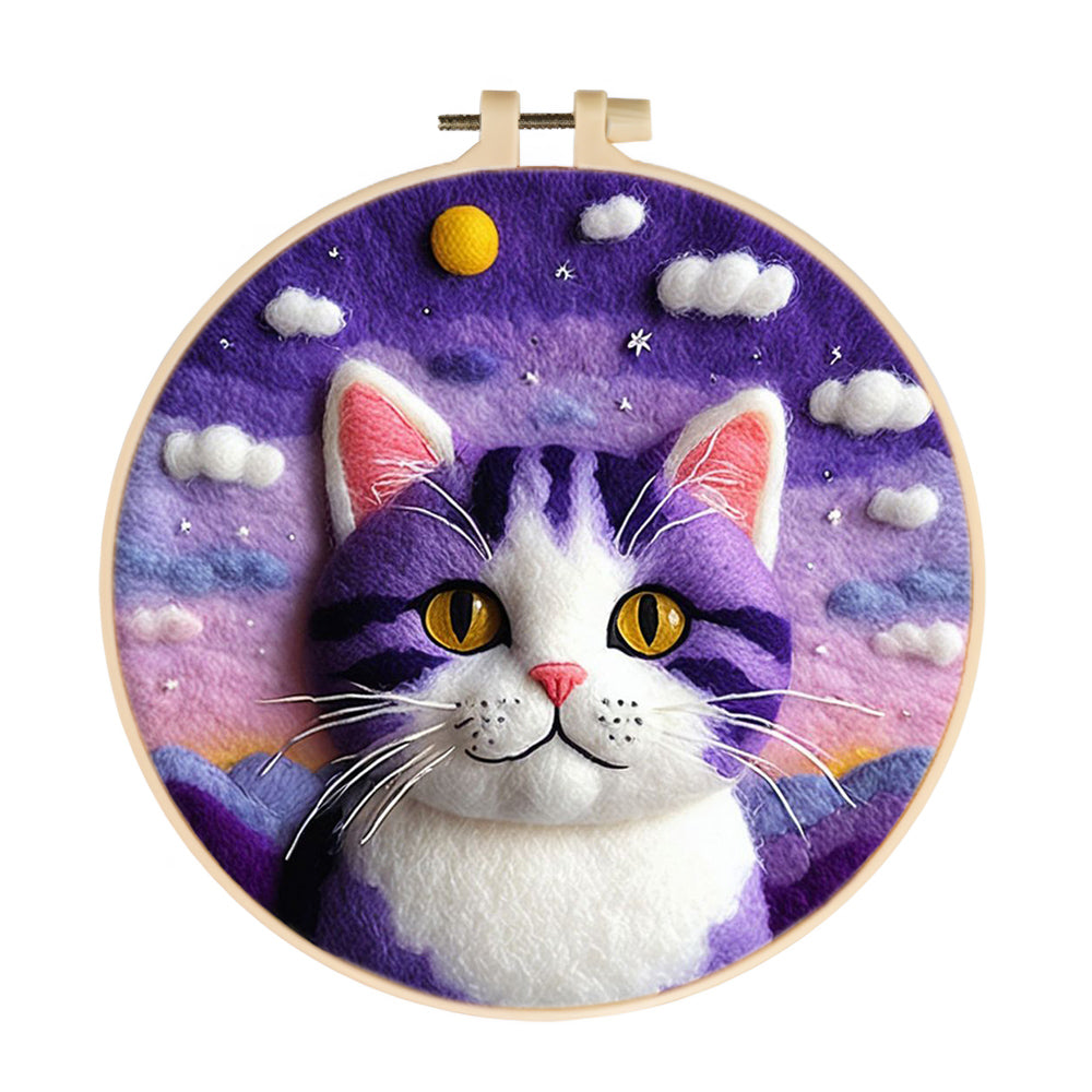 Cloudy Surrounding for Purple Striped Cat Wool Needle Felting Painting Kit