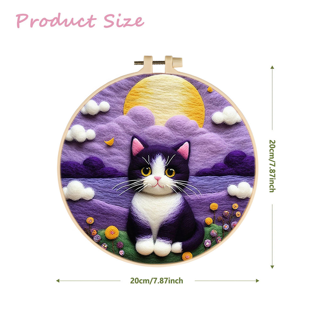 Moonlit Black-White Kitten Sitting Still Wool Needle Felting Painting Kit