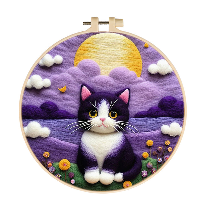 Moonlit Black-White Kitten Sitting Still Wool Needle Felting Painting Kit
