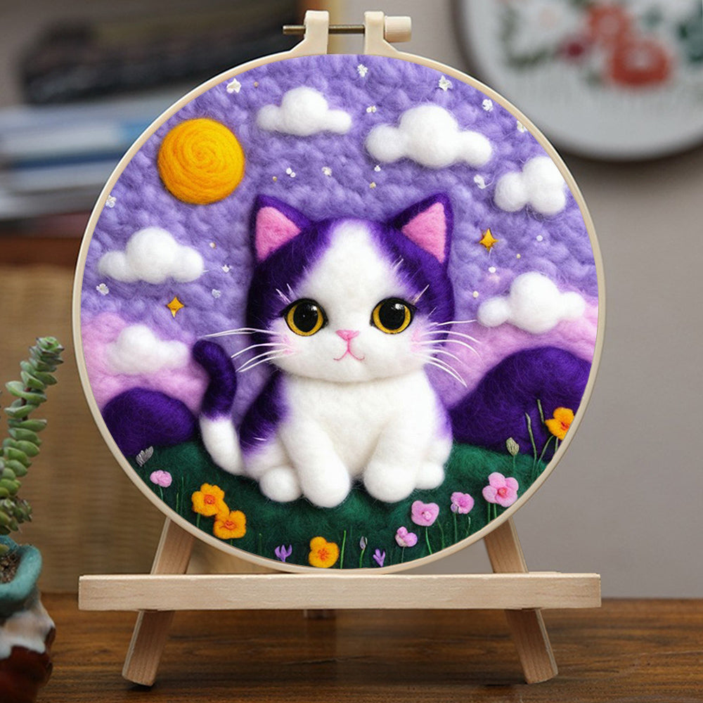Purple Sky Above Kitten on Mountain Wool Needle Felting Painting Kit