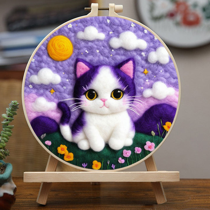 Purple Sky Above Kitten on Mountain Wool Needle Felting Painting Kit