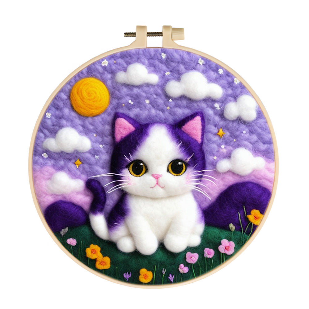 Purple Sky Above Kitten on Mountain Wool Needle Felting Painting Kit