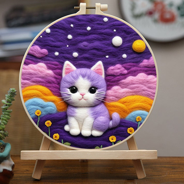 Colorful Sky Above Kitten and Flowers Wool Needle Felting Painting Kit