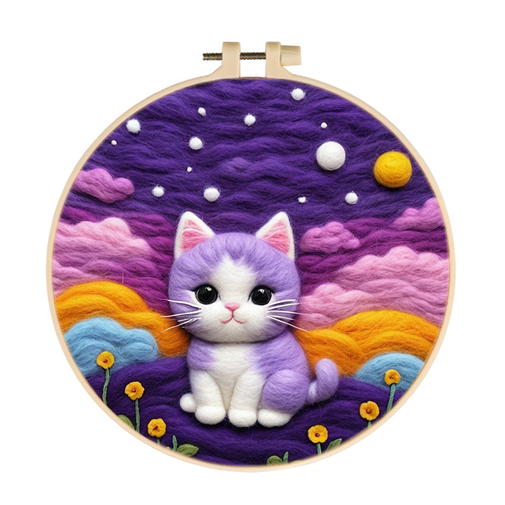 Colorful Sky Above Kitten and Flowers Wool Needle Felting Painting Kit