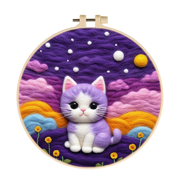 Colorful Sky Above Kitten and Flowers Wool Needle Felting Painting Kit
