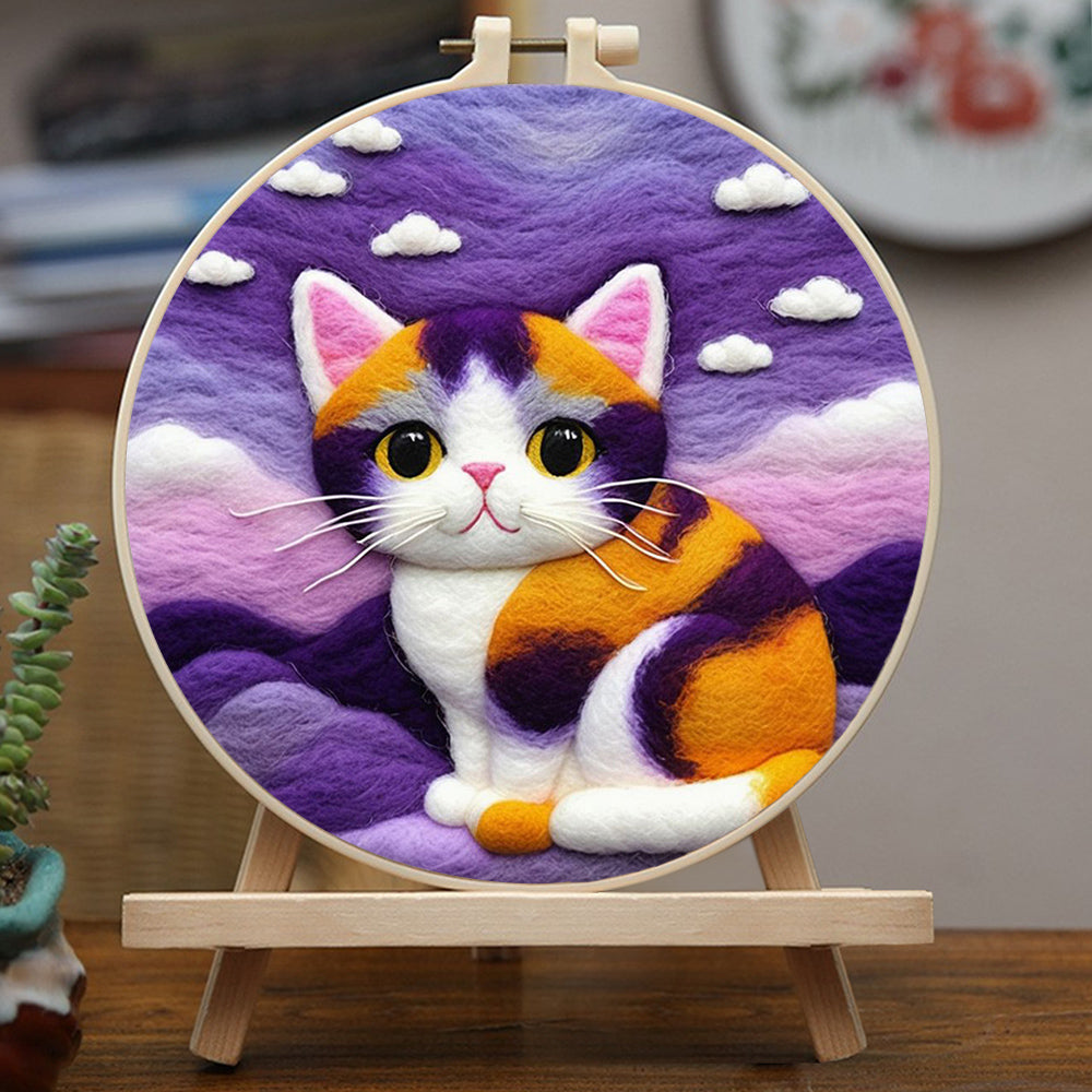 Kitten on Mountain Peaks Under Clouds Wool Needle Felting Painting Kit