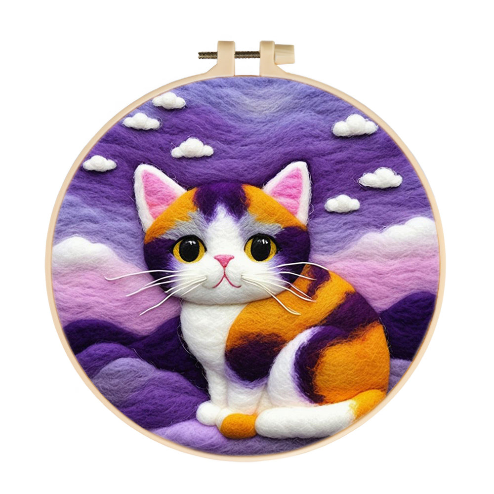 Kitten on Mountain Peaks Under Clouds Wool Needle Felting Painting Kit
