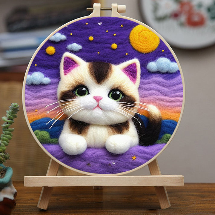 Starry Sky Above Calm Lying Kitten Wool Needle Felting Painting Kit