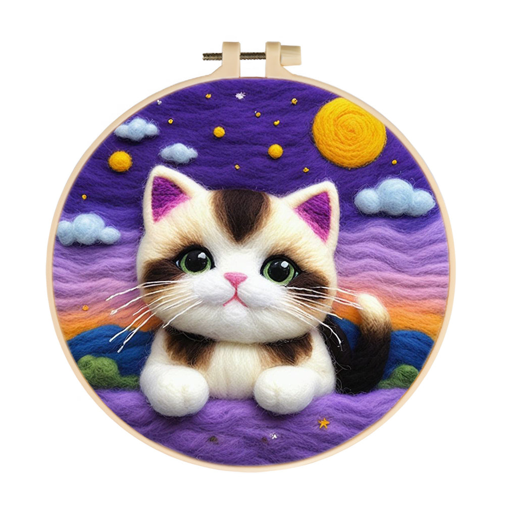 Starry Sky Above Calm Lying Kitten Wool Needle Felting Painting Kit