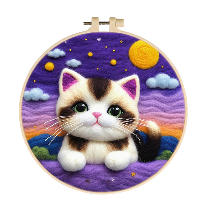 Starry Sky Above Calm Lying Kitten Wool Needle Felting Painting Kit