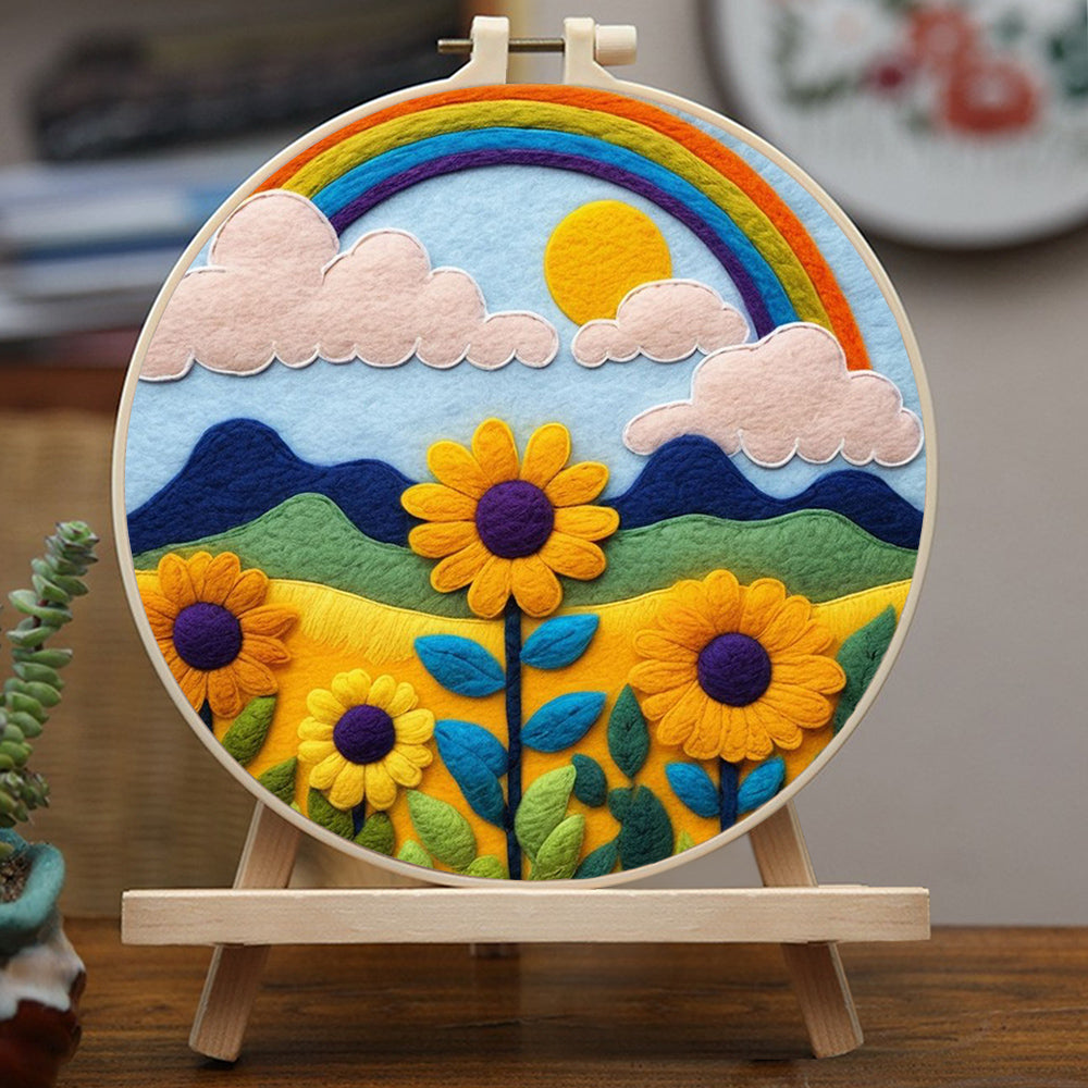 Rainbow Over Sunflowers and Mountain Wool Needle Felting Painting Kit