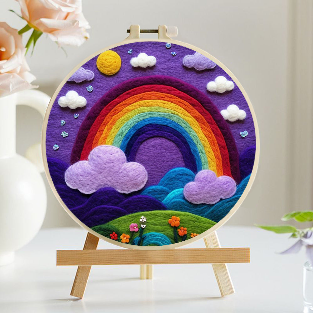 Rainbow Over Hills with Clouds Wool Needle Felting Painting Kit