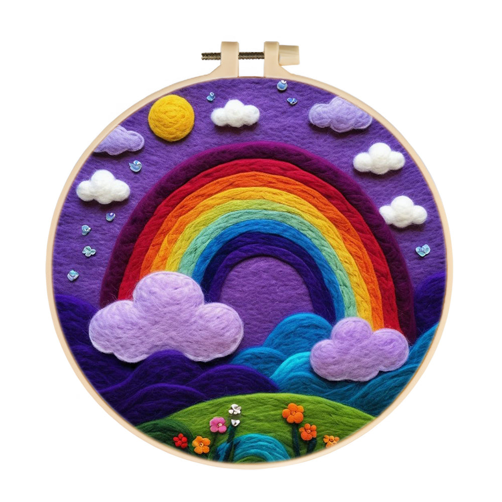 Rainbow Over Hills with Clouds Wool Needle Felting Painting Kit