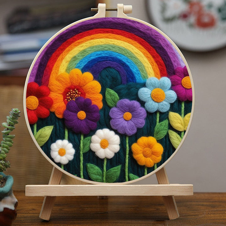 Rainbow Over Colorful Flowers Wool Needle Felting Painting Kit