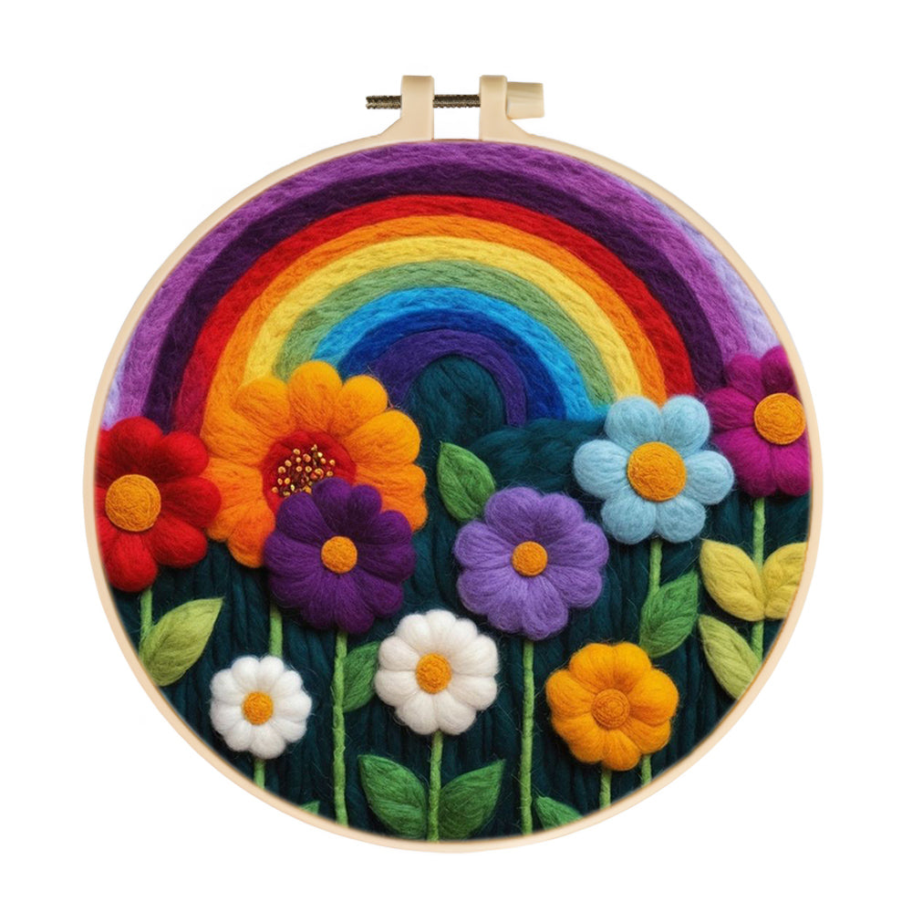 Rainbow Over Colorful Flowers Wool Needle Felting Painting Kit