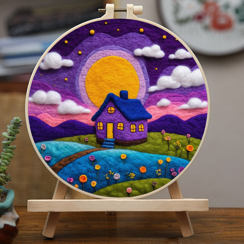 Purple House Under Bright Yellow Moon Wool Needle Felting Painting Kit