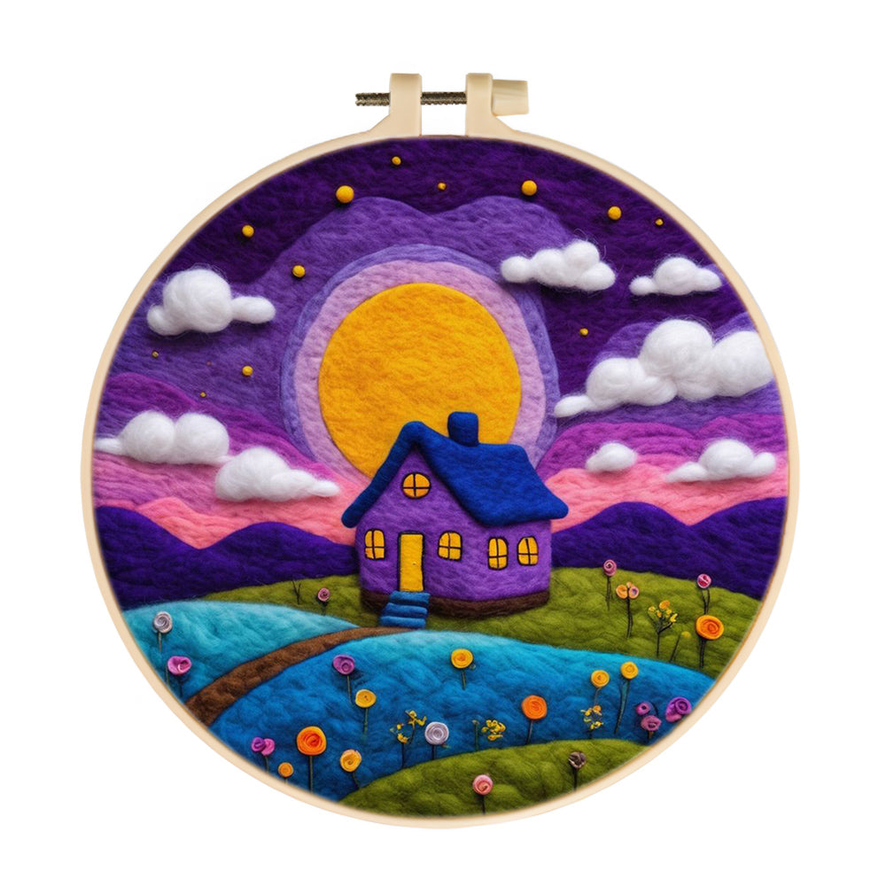 Purple House Under Bright Yellow Moon Wool Needle Felting Painting Kit