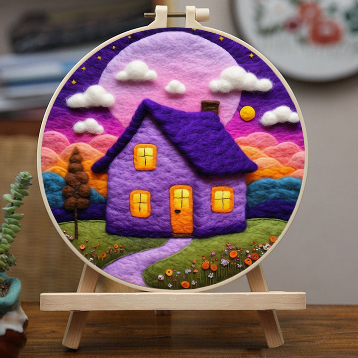 Purple House with Pathway and Flowers Wool Needle Felting Painting Kit