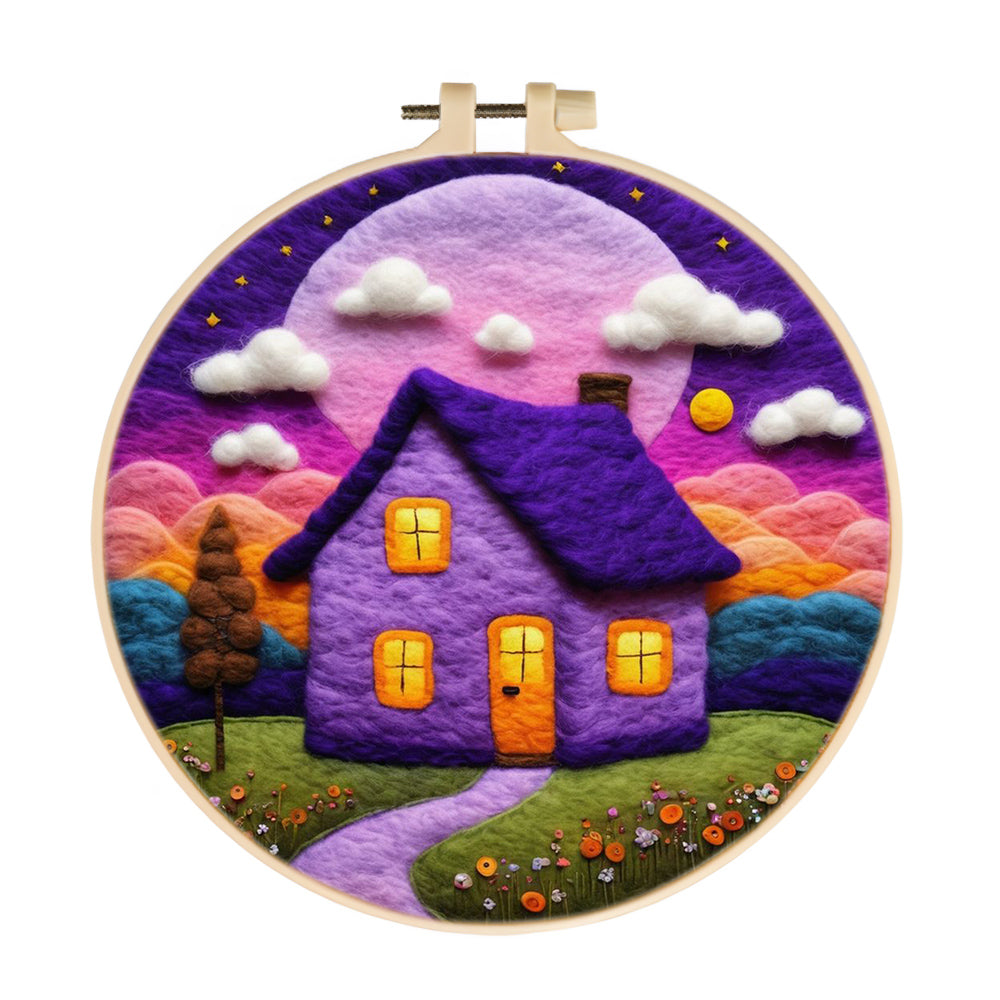 Purple House with Pathway and Flowers Wool Needle Felting Painting Kit