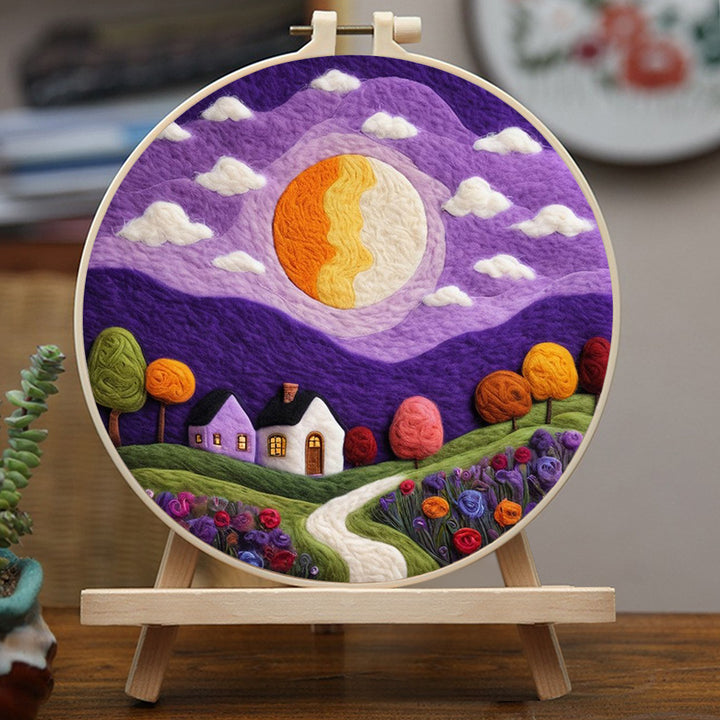 Purple Sky and Moon Over Serene Village Wool Needle Felting Painting Kit