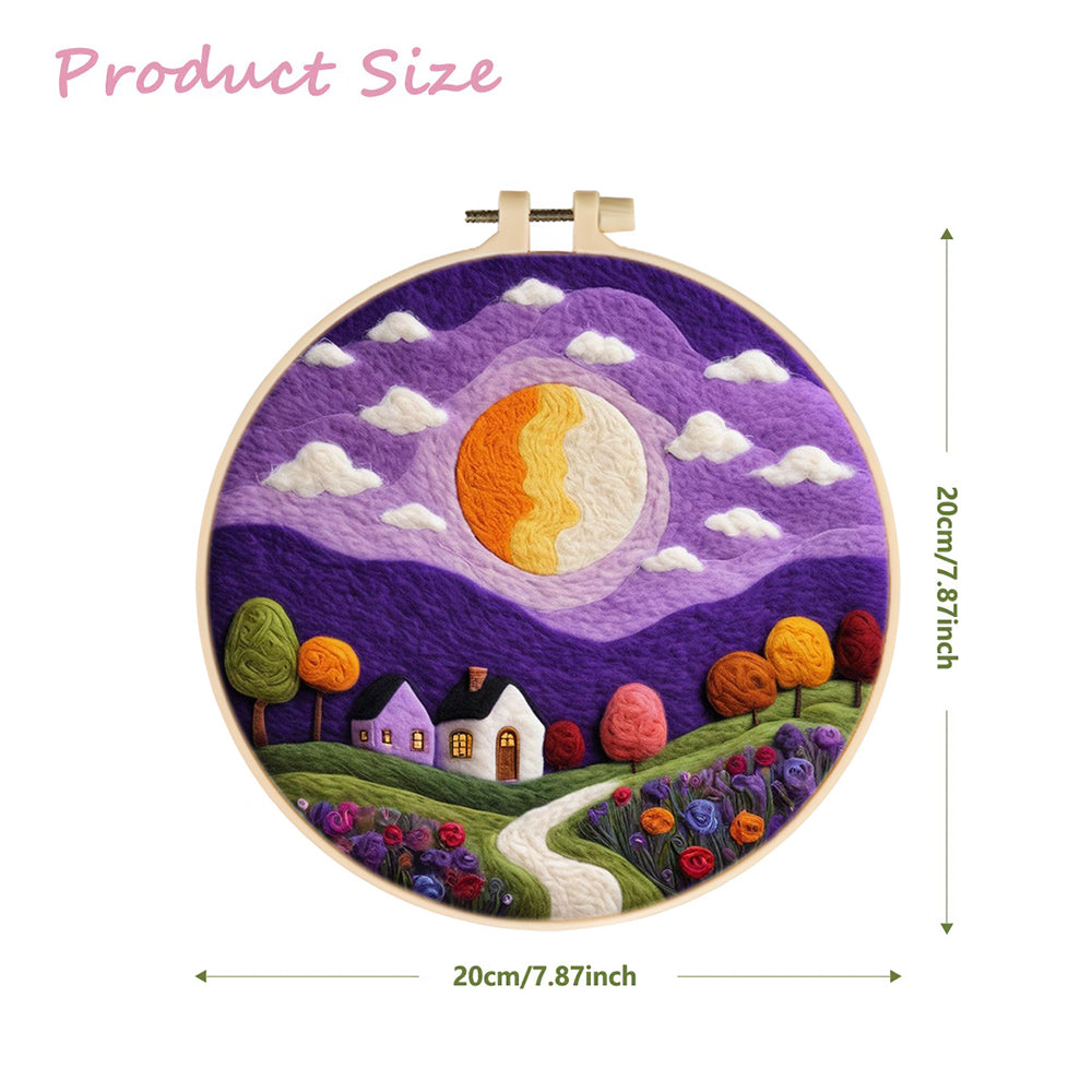 Purple Sky and Moon Over Serene Village Wool Needle Felting Painting Kit