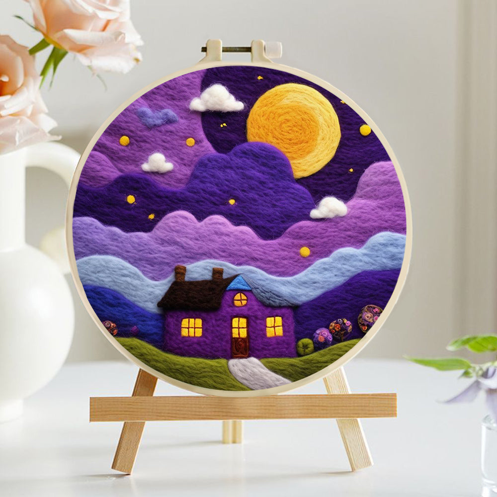 Bright Moon Over Purple House Wool Needle Felting Painting Kit