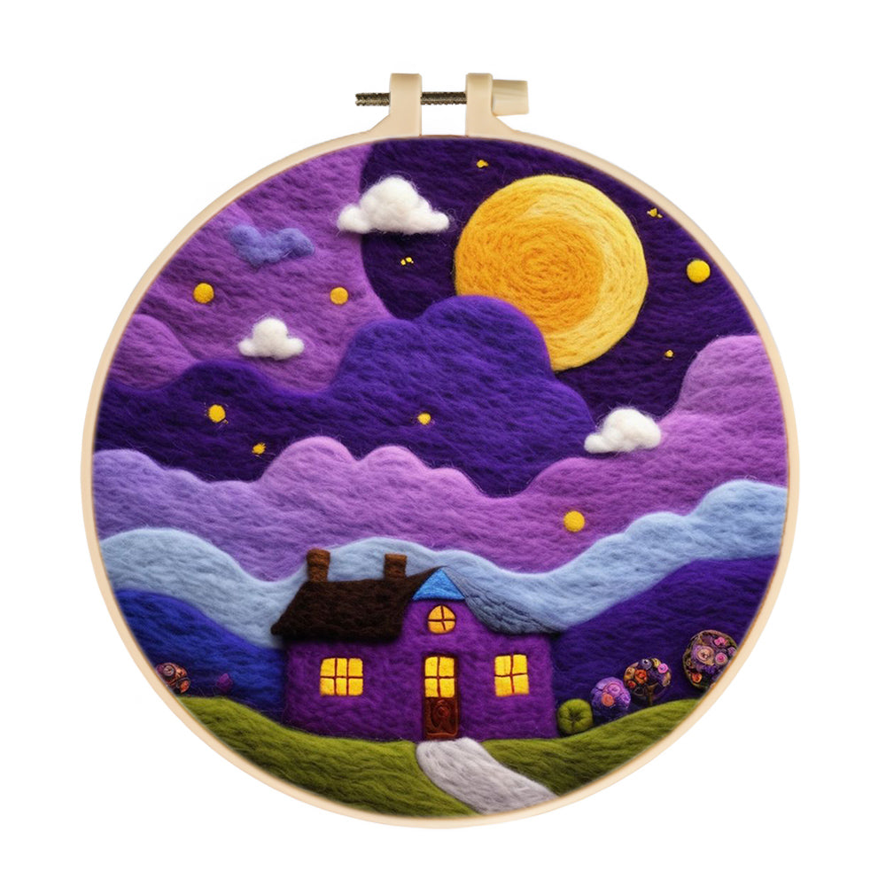 Bright Moon Over Purple House Wool Needle Felting Painting Kit