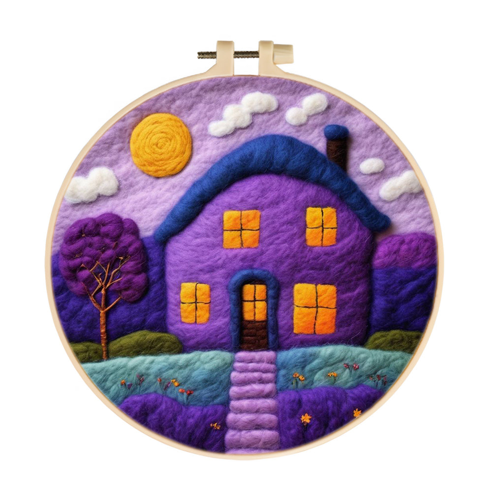 Vibrant Purple House with Calm Sky Wool Needle Felting Painting Kit