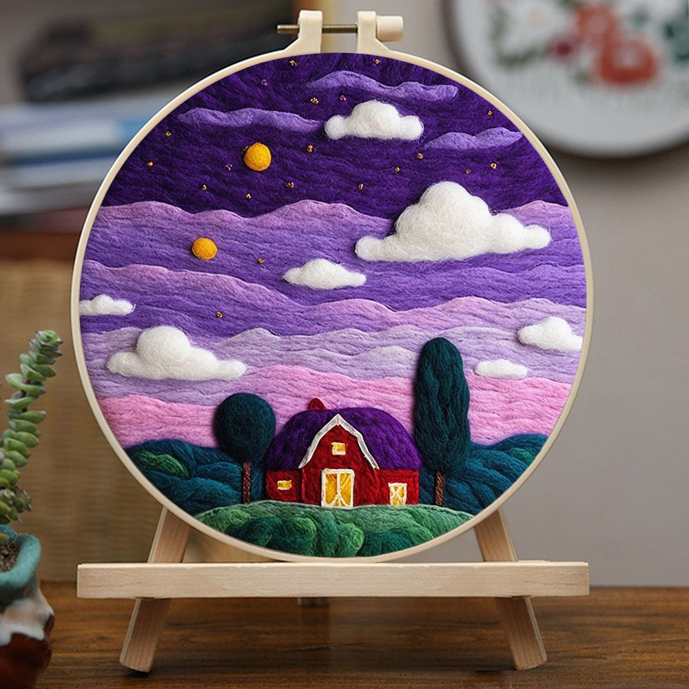 Starry Night and House in the Purple Sky Wool Needle Felting Painting Kit