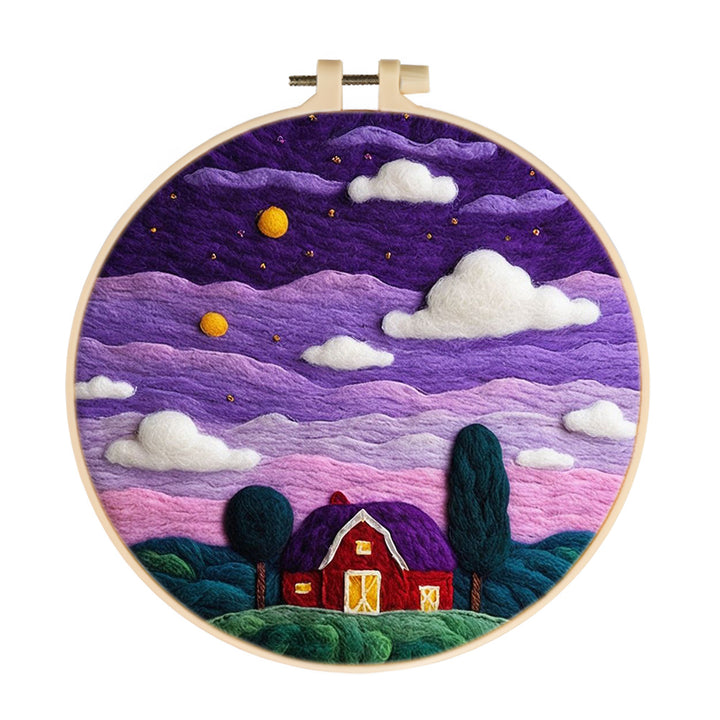Starry Night and House in the Purple Sky Wool Needle Felting Painting Kit